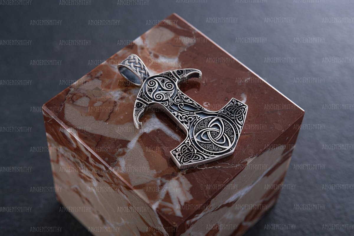 Silver Hammer Pendant with Triskelion and Celtic Knot symbols "Badb" from AncientSmithy