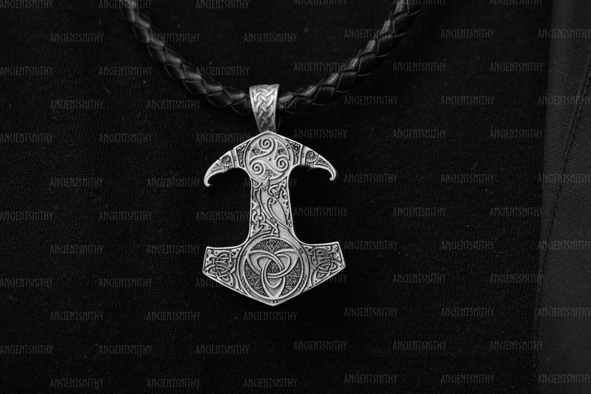 Silver Hammer Pendant with Triskelion and Celtic Knot symbols "Badb" from AncientSmithy