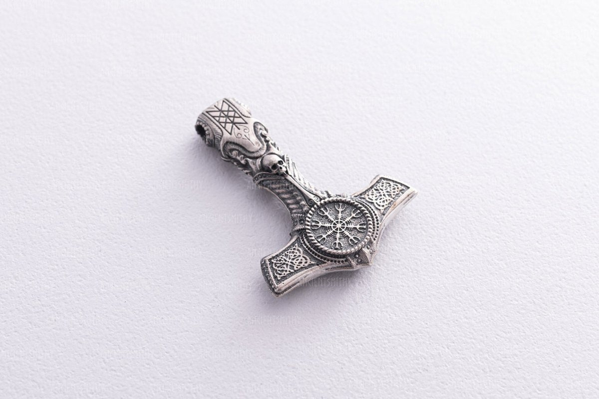 Silver Mjölnir Hammer Pendant with Helm of Awe and Skull Symbol "Quetzalcoatl" from AncientSmithy