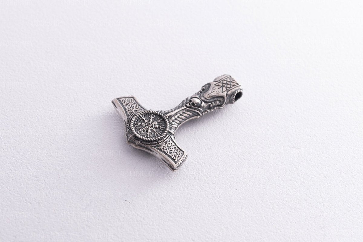 Silver Mjölnir Hammer Pendant with Helm of Awe and Skull Symbol "Quetzalcoatl" from AncientSmithy
