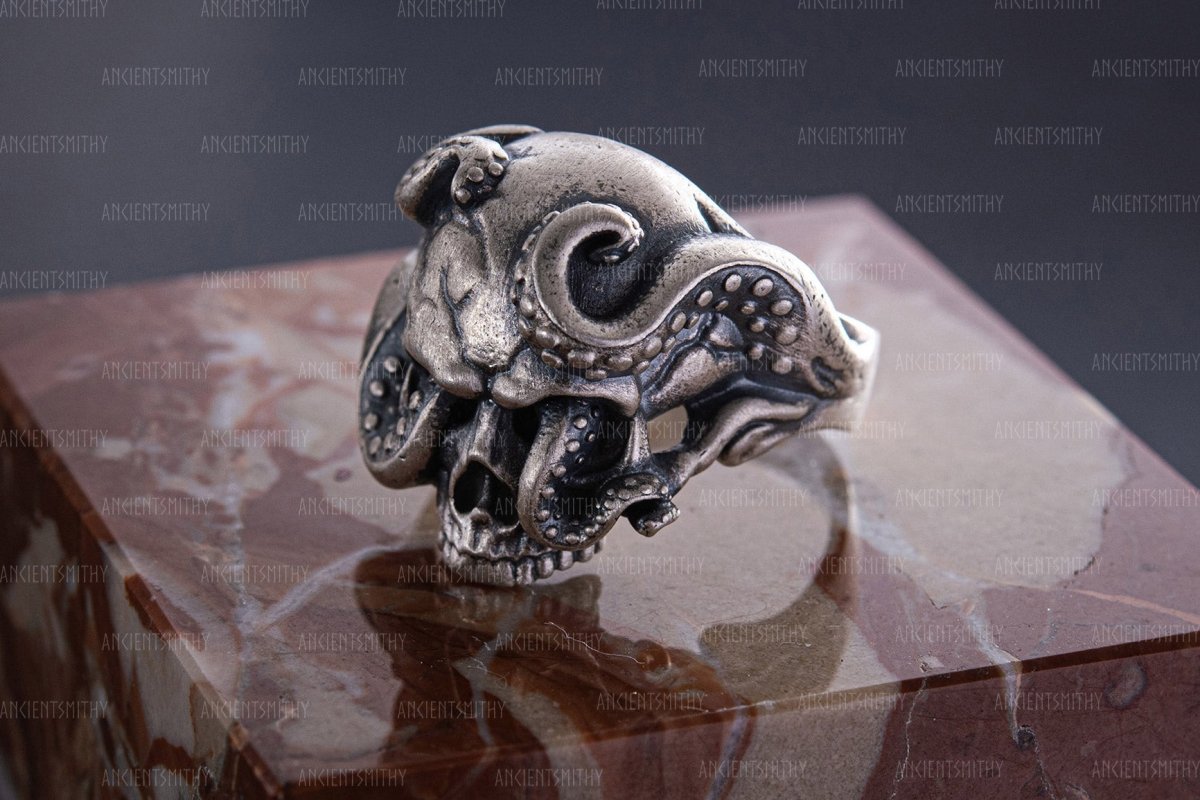 Silver Skull with Octopus Tentacles Ring "Furies" from AncientSmithy