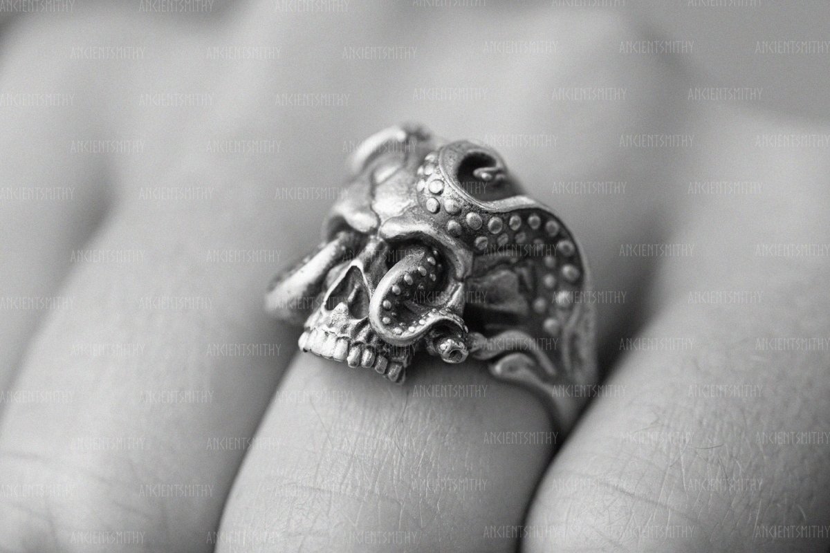 Silver Skull with Octopus Tentacles Ring "Furies" from AncientSmithy