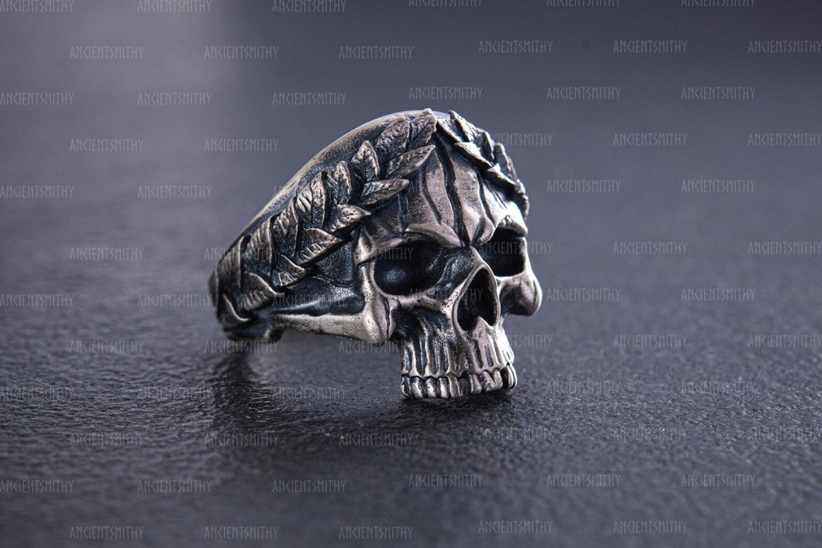 Skull Ring with Laurel Wreath "Thanatos" from AncientSmithy