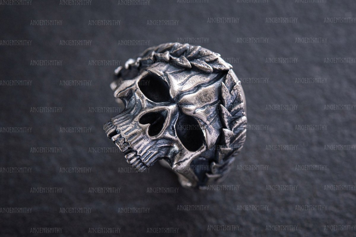 Skull Ring with Laurel Wreath "Thanatos" from AncientSmithy