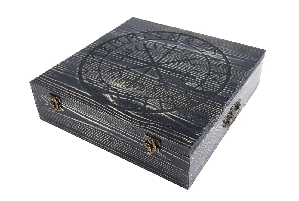 Square runic wooden box for fist axe from AncientSmithy