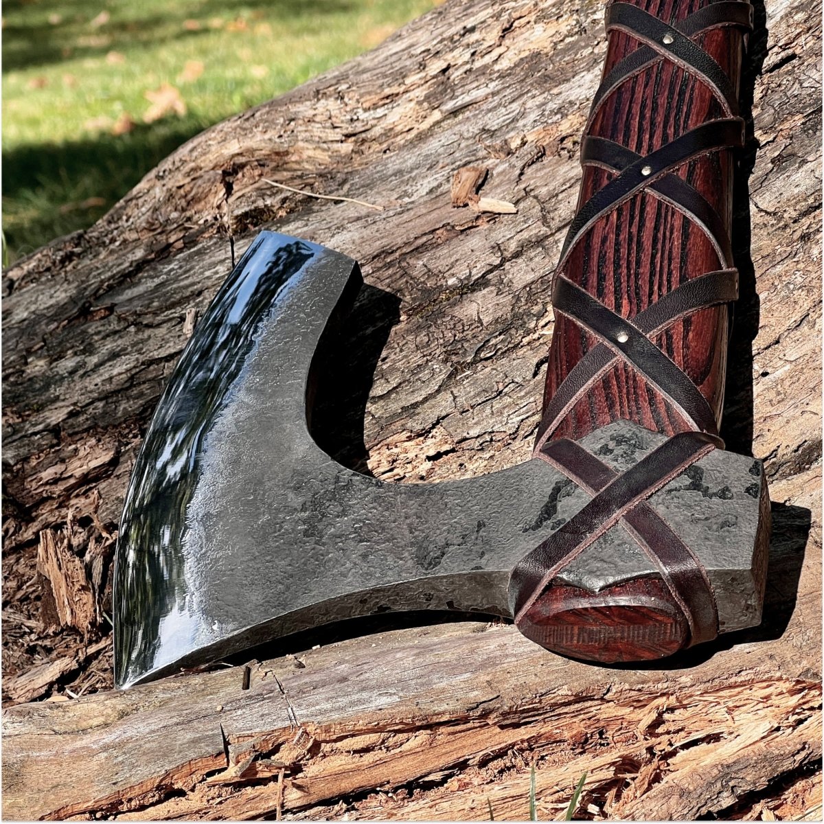 Viking long axe "Ragnar Lodbrok" with carving handle and leather wrap(Functional version) from AncientSmithy