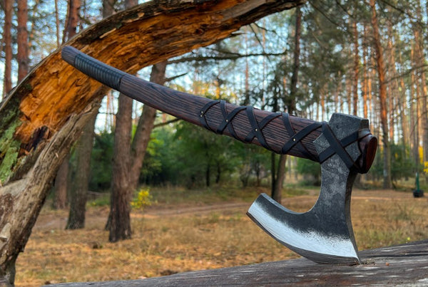 Damascus Viking Axe Pair With Ashwood Handle, Leather Wrap And