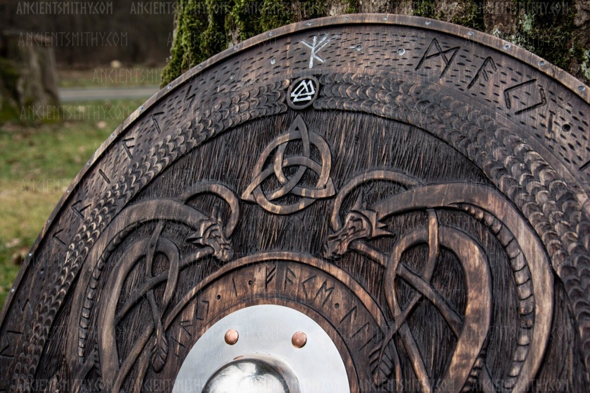 Viking shield with carved Norse Runic ornaments from AncientSmithy