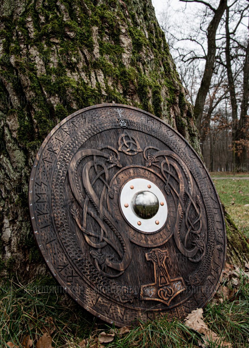 Viking shield with carved Norse Runic ornaments from AncientSmithy