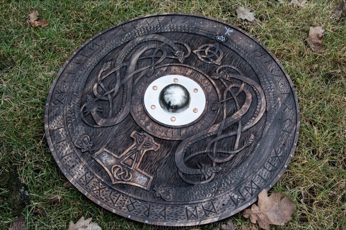 Viking shield with carved Norse Runic ornaments from AncientSmithy