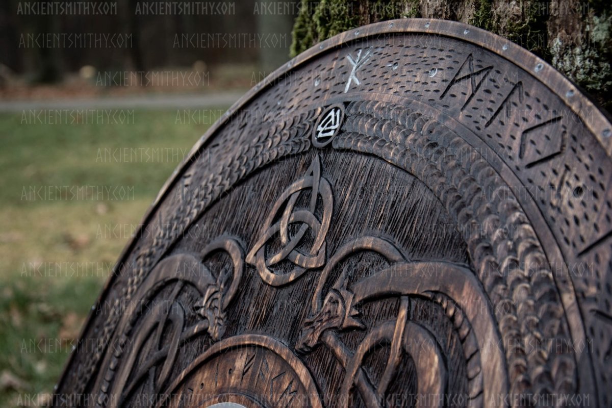 Viking shield with carved Norse Runic ornaments from AncientSmithy