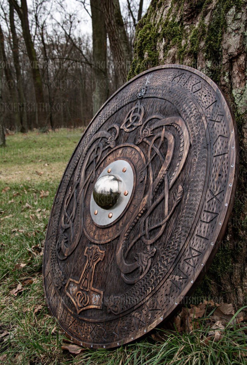 Viking shield with carved Norse Runic ornaments from AncientSmithy