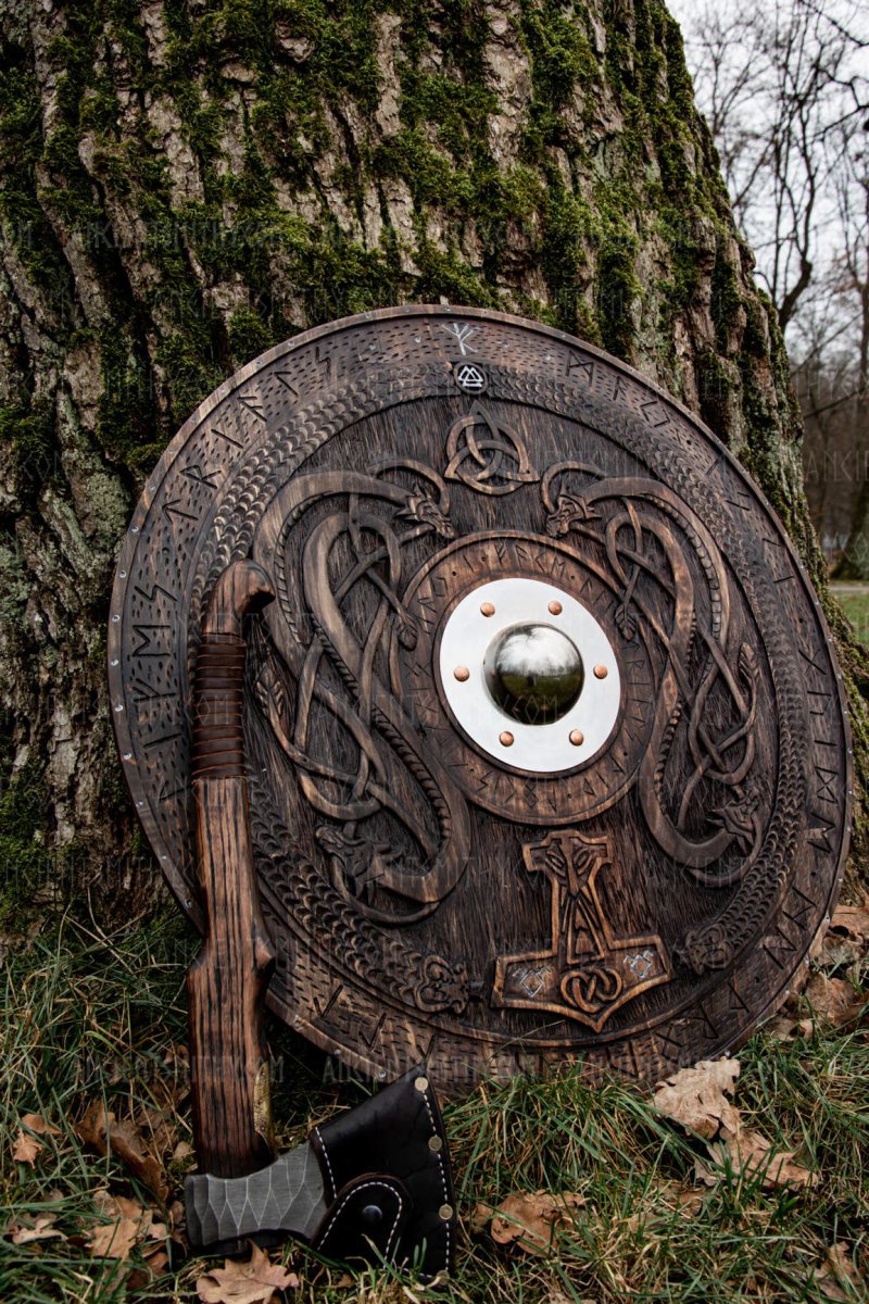 Viking shield with carved Norse Runic ornaments from AncientSmithy