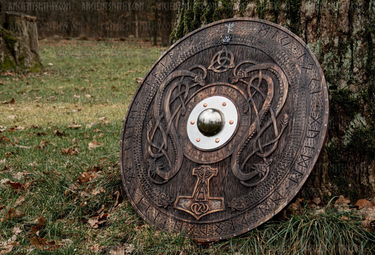 Viking shield with carved Norse Runic ornaments from AncientSmithy