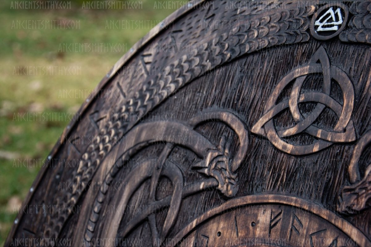 Viking shield with carved Norse Runic ornaments from AncientSmithy