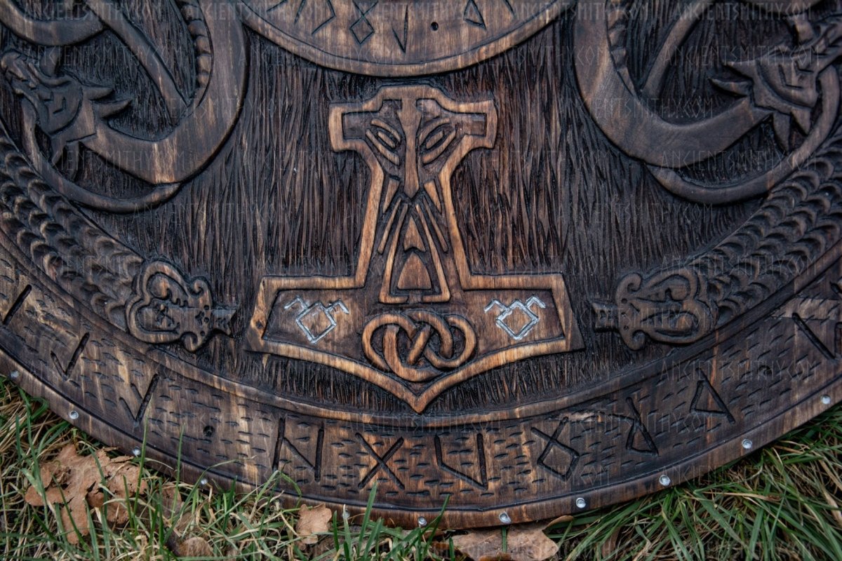 Viking shield with carved Norse Runic ornaments from AncientSmithy