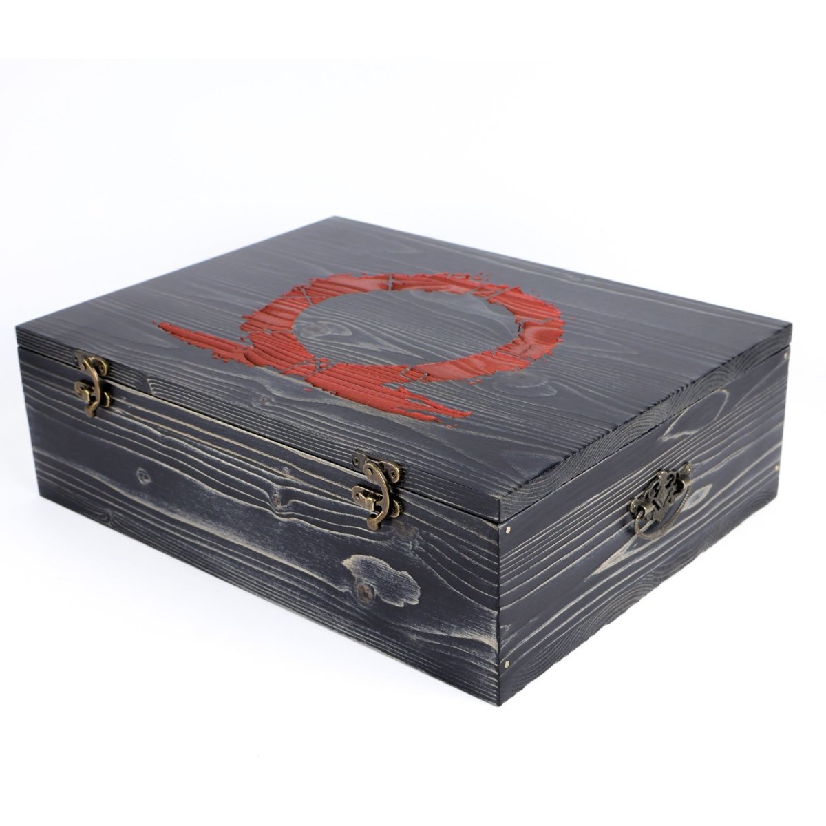 Wooden box for Mjolnir hammer with red God of War logo from AncientSmithy